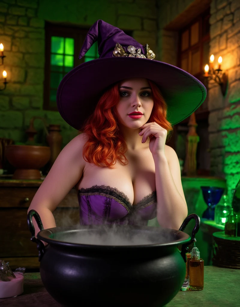 A full-color, high-fashion editorial shot of a seductive red-haired model in a dark, enchanting setting, sexy nacked model with big breasts. The model’s vibrant, flowing red hair is styled in loose waves, adding a natural, alluring texture that complements her look. She is wearing a tall, pointed witch hat with intricate lace and vintage brooch accents, giving her a mysterious and magical aura. Her expression is captivating and seductive as she looks directly at the viewer, with her hand elegantly resting near her chin. The background is a mystical, dimly lit room resembling an old, rustic apothecary or witch’s lair, with stone walls, wooden cabinets, and a soft green glow filtering through a nearby window. Candle sconces mounted on the walls cast warm, flickering light, creating an atmospheric contrast against the cooler green tones in the background. In front of the model is a large, steaming cauldron emitting wisps of white mist, enhancing the magical ambiance. Props such as herbs, small potions, and vintage containers are placed around the scene, adding texture and depth. The lighting is dramatic and sculpted, with a focus on the model’s face and upper body, casting soft shadows that enhance her curves and the texture of the corset. The color palette is rich and saturated, featuring shades of purple, green, and amber, creating a luxurious, enchanting atmosphere. The image is captured at eye level with a shallow depth of field to keep the model sharply in focus while softly blurring the background details, maintaining an intimate, dreamlike effect. The framing is slightly off-center, and the crop is tight, allowing parts of her hat and figure to extend beyond the frame edges, enhancing the sense of depth and presence.