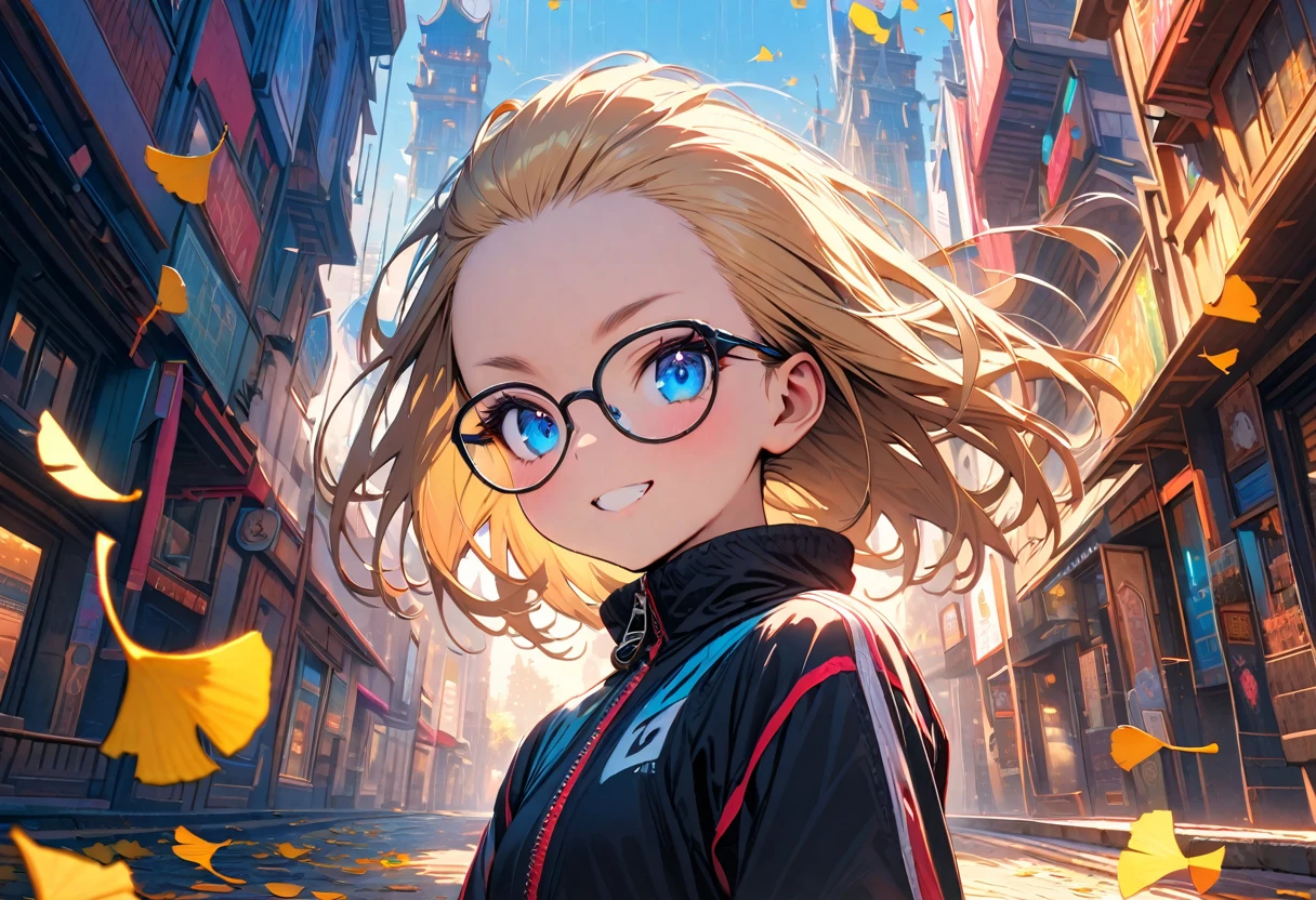 Speedy Shot,(Top quality masterpiece),detailed,ultra detailed,hyper detailed,insanely detailed,Exquisite,Beautiful Full HD,16k,cute,Fantasy,A vibrant academic community,Soft line design,Soft　Surface,Simple line drawing,The best light,Fast Shutter Speed,  depth of border described,Highly saturated colors,Vibrant colors,Vibrant colors,BREAK,
10yo,skinny,flat chested,(forehead,hair slicked back:1.3),Beautiful blonde hair,(blue eyes),(black nodoka glasses),thick bluish eyeshadow, thin eyebrows, thick black eyeliner, Highlighted eyes with eyeliner, false eyelashes,BREAK, 
Grin, zippered sportswear, Open Hands  , Falling leaves fluttering,   upper body、  Autumn Leaves Park Background