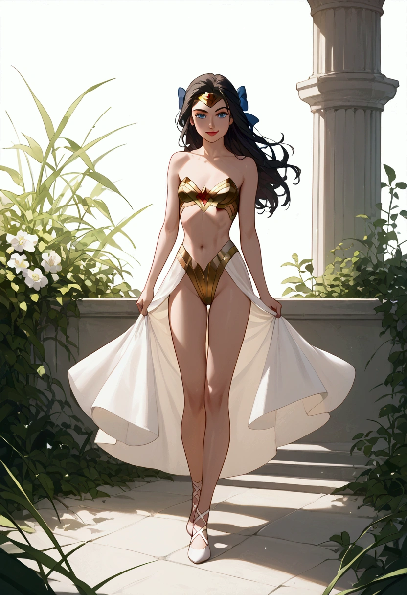 ((full body shot, standing, feet on the ground)) Wonder Woman, masterpiece, best quality, highly detailed, score_9, score_8_up, score_7_up, score_6_up, anime source,BREAK, 1girl, solo, undressed, naked, long hair, blue eyes, flower, hair bow, small breasts, bow, looking at viewer, freckles, parted lips, smile, full body, red lips, lips, leather ballet slipper, side-front, She looks at you, your gauze hurts, fishnets, white background, neutral cast
