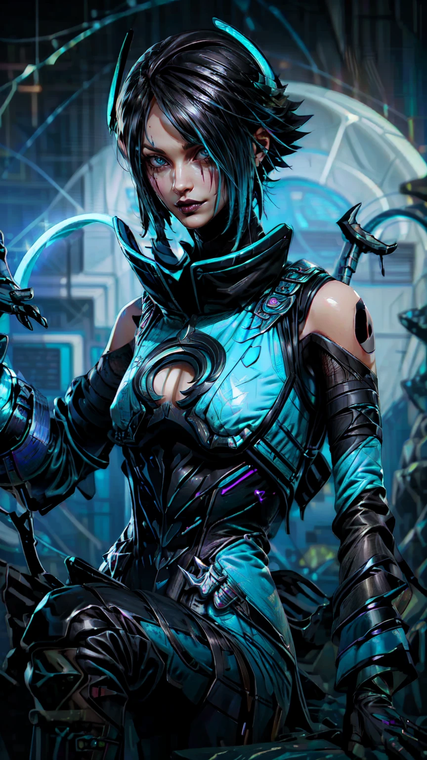  (masterpiece), semi-realism, anime studio, 1girl, expressive eyes, beautiful makeup, beautiful face, ((blue lipstick)), CatalystApexLegends, futuristic character, goth, tactical operator, ((long flowing black and blue hair)), dark clothing with metallic armor accents and hints of deep purple and silver, dark makeup and sharp features, holding a device that looks like it can control liquid or metal, with a smoky, dark aura around her hands, sitting in a sultry way on a bed, looking at you mischievously, ((flat chest)), femboy, androgynous, 