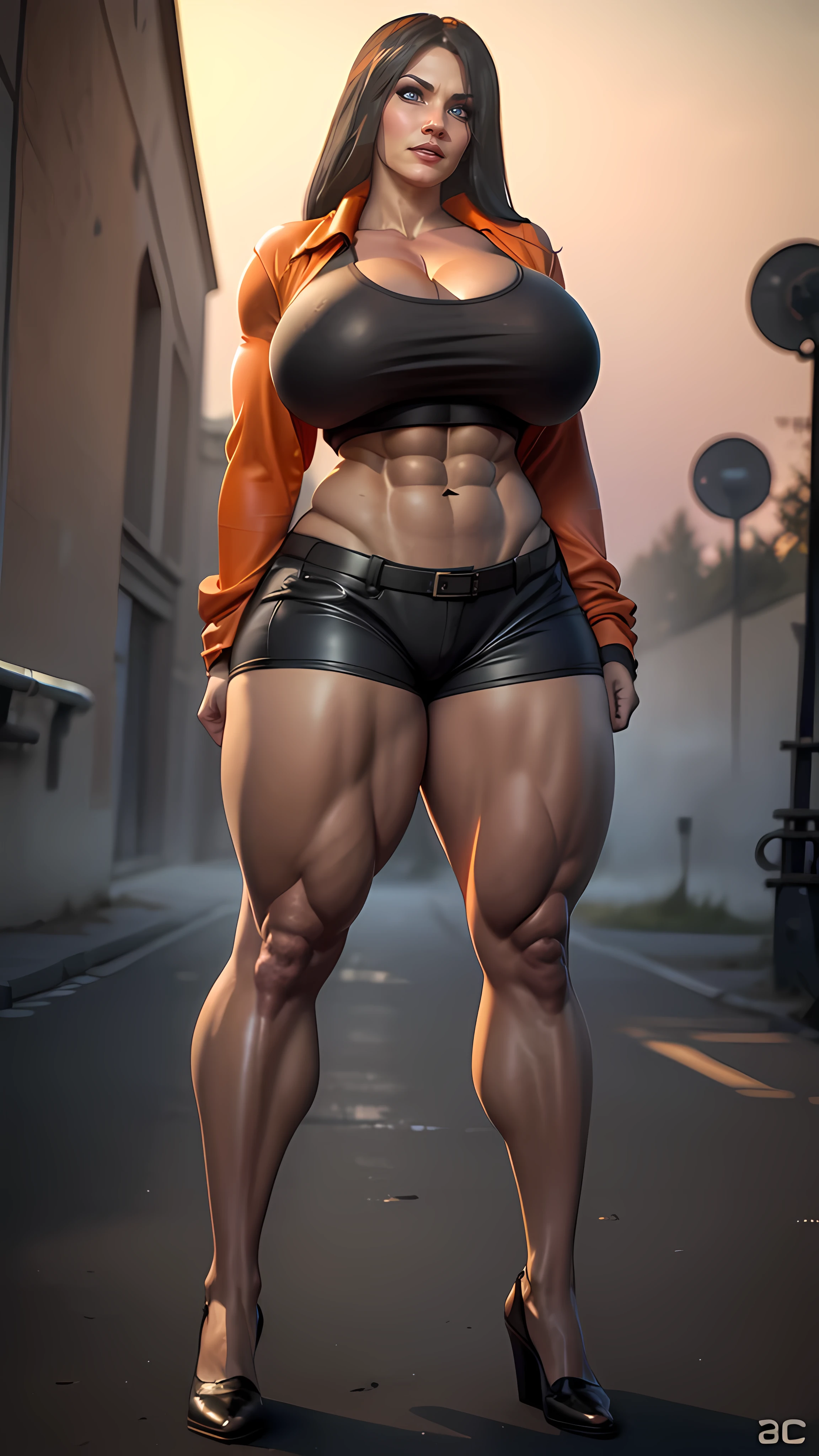 8k, Chameleon color on background, (full body), (1girl), solo woman, alone, hinata, (tall), ((translucent black and orange t-shirt)), beautiful hair, (long legs:1.5), thick legs, huge muscular ass, (MASSIVE FEMALE BODYBUILDER:1.5), (HUGE BREASTS:1.5)