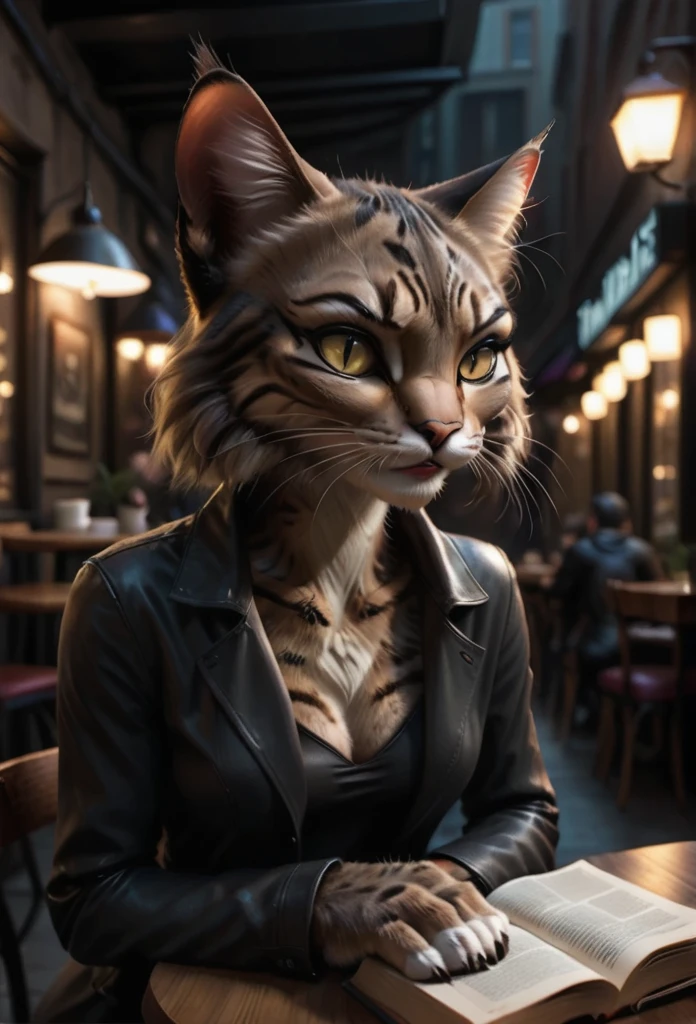 Prompt: "In a dimly lit, intimate urban cafe, a human-cat hybrid with sleek fur and expressive eyes sits at a corner table, absorbed in a book. As they glance up, they notice another hybrid entering the cafe, exuding an air of mystery. Suddenly, a figure in dark clothing enters—this is the villain, who is searching for the hybrids. There’s a dangerous glint in their eyes. Sensing the tension, the first hybrid feels compelled to approach the other, and an electric connection ignites as they exchange shy smiles."
