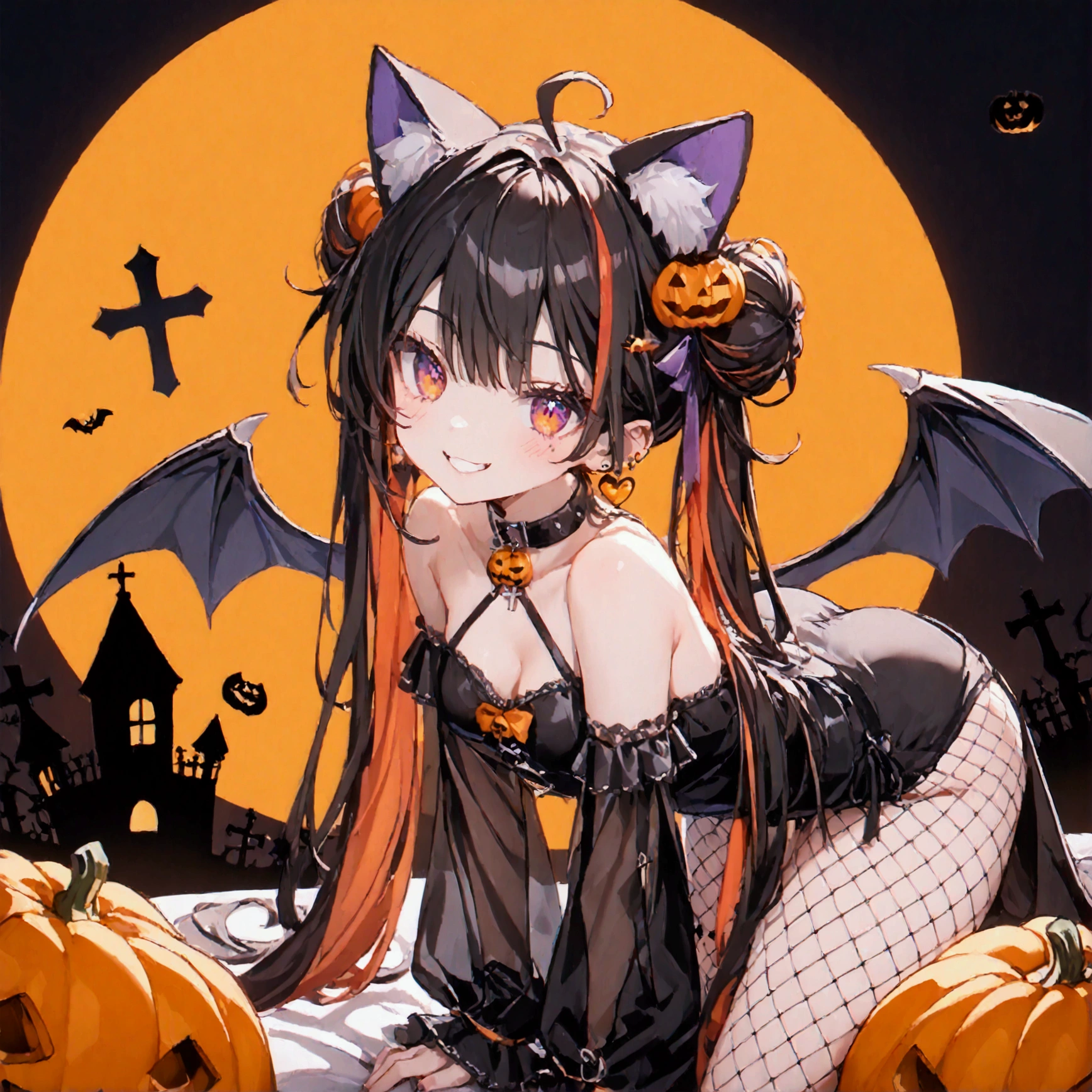 1woman, (20 years old, Tall), black hair, streaked hair, colored inner hair, twin tails, very long hair, heart hair bun, mole under eye, pupils sparkling, cat ears, grin, big breast, (big ass), Slender, long legs:1.2, UHD:1.2, masterpiece, textured skin, best quality, (high res), I'm wearing a long-sleeved oversized see-through Halloween costume and black denim-shorts with fur, sexy fishnet tights , Halloween Hats,  Halloween props , Sitting on a big pumpkin:1.5, sitting on big-jack o lantern, head hollowed out, Butt stuck , (cross-legged:1.5, ), whole body, Shadow of light ,  expressive eyes,  grave and jack-o-lantern on the left and right :1.1, black castle silhouette:1.2, dusk, Orange Background, Illustrated, looking straight into the camera:1.2