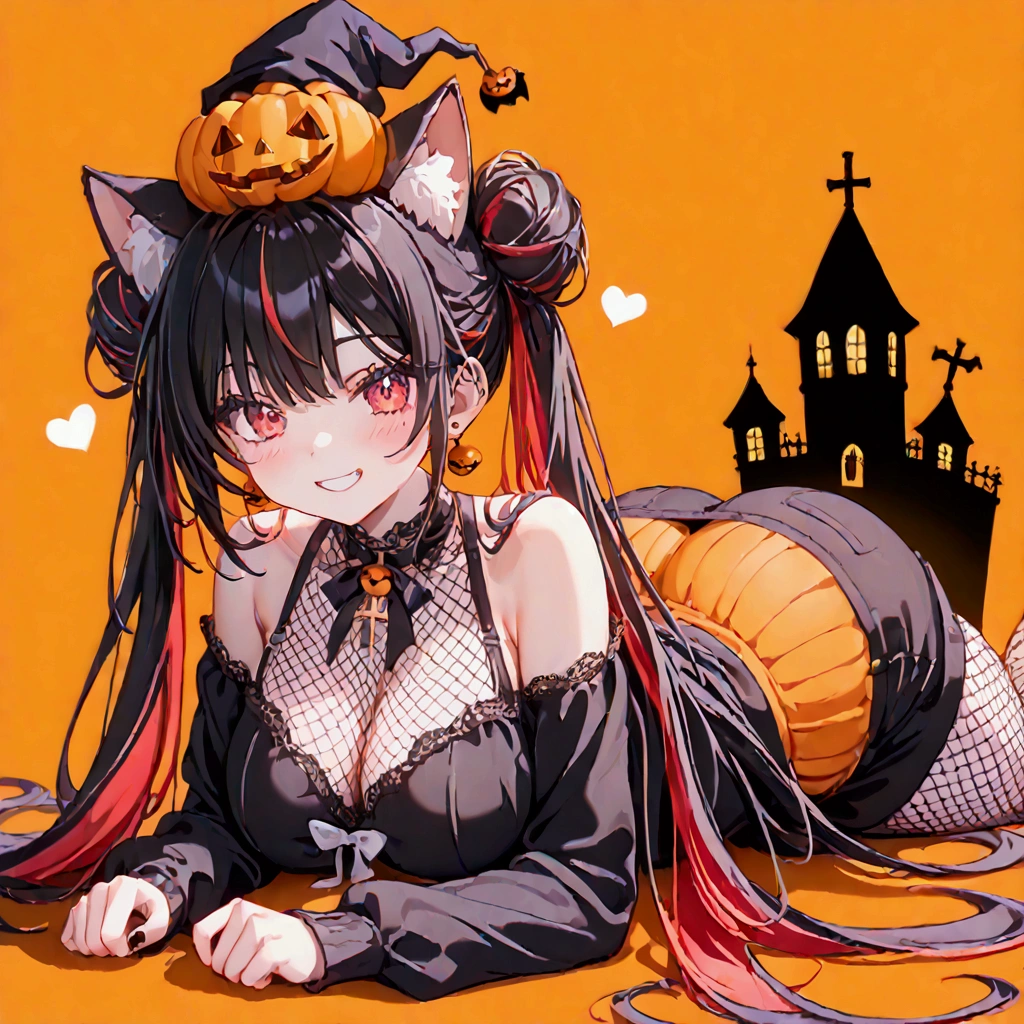 1woman, (20 years old, Tall), black hair, streaked hair, colored inner hair, twin tails, very long hair, heart hair bun, mole under eye, pupils sparkling, cat ears, grin, big breast, (big ass), Slender, long legs:1.2, UHD:1.2, masterpiece, textured skin, best quality, (high res), I'm wearing a long-sleeved oversized see-through Halloween costume and black denim-shorts with fur, sexy fishnet tights , Halloween Hats,  Halloween props , Sitting on a big pumpkin:1.5, sitting on big-jack o lantern, head hollowed out, Butt stuck , (cross-legged:1.5, ), whole body, Shadow of light ,  expressive eyes,  grave and jack-o-lantern on the left and right :1.1, black castle silhouette:1.2, dusk, Orange Background, Illustrated, looking straight into the camera:1.2