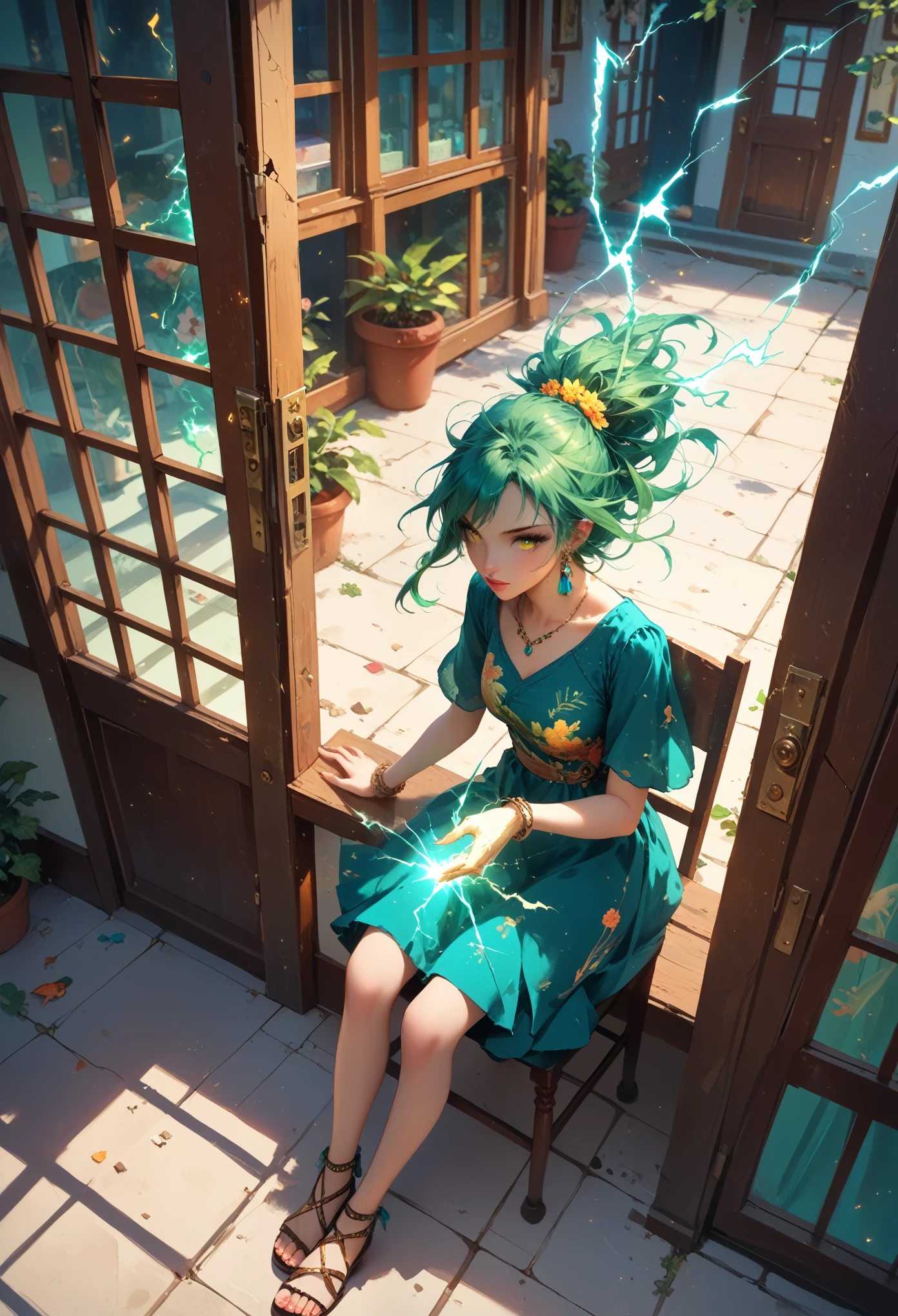 hkmagic, young woman, anime,  Green hair Long ,  bright yellow eyes ,  The magic of Stardust around your hair , Raised to the top ,  Sparks come from your hands like Electricity,  Background Beautiful Summer Veranda , sits in a chair,  exudes Electricity  ,bright colors, 8 k, masterpiece,  Maximum Quality, Maximum Details,  Complex details ,  Bird's-eye view ,