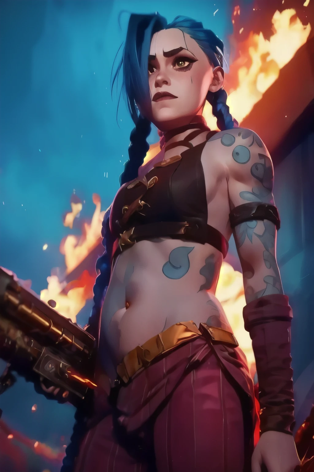 Jinx. Jinx costume, belly tattoo, twin long braids . Best quality, detailed, intricate, 4K. ((Cinematic flames and explosion Background)). 