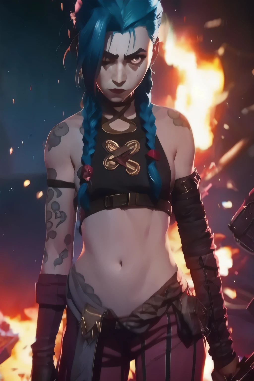 Jinx. Jinx costume, belly tattoo, twin long braids . Best quality, detailed, intricate, 4K. ((Cinematic flames and explosion Background)). 