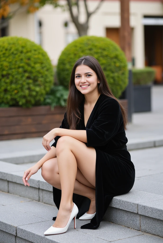 This is a high-resolution photograph featuring a young woman sitting on a stone step, possibly in an outdoor public space. She has a fair skin tone and long, straight, dark brown hair that cascades down her back. Her facial features are well-defined, with a broad smile revealing straight teeth, and she has a curvy, toned physique. She is wearing a black velvet robe that is open, revealing her bare legs. Her outfit is complemented by a pair of white stiletto heels, adding a touch of elegance to her appearance. The background shows a blurred, slightly out-of-focus urban setting with a mix of greenery and architectural elements. There are two round, topiary trees on the left side, and a wooden structure, hinting at a festive or autumnal theme. The ground is paved with gray stone tiles, and the overall atmosphere is bright and cheerful, possibly due to natural daylight. The image captures a moment of relaxed, casual elegance, blending fashion with a hint of seasonal decor.
