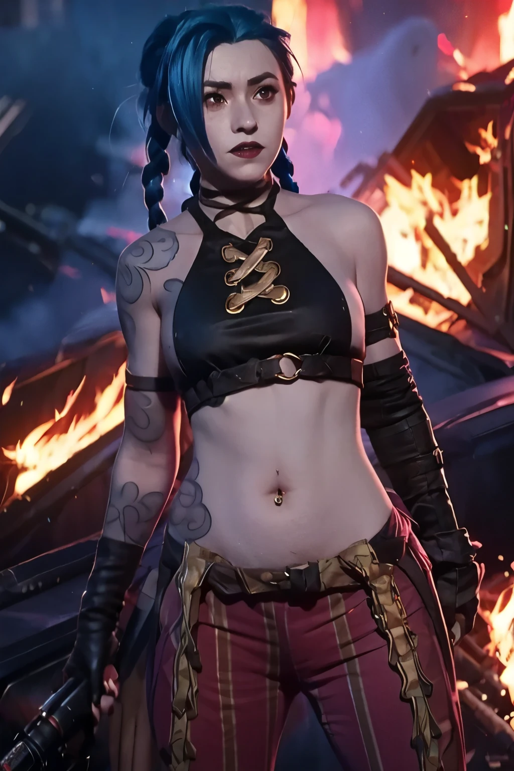 Jinx. Jinx costume, belly tattoo, twin long braids . Best quality, detailed, intricate, 4K. ((Cinematic flames and explosion Background)). 