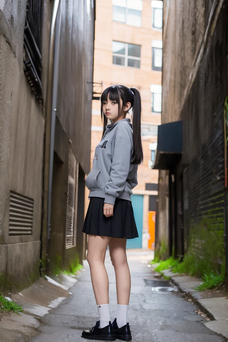 (((best quality,4k,from below))),1girl,standing,school uniform,grey hoodie,blck skirt,loafers,(twintails),black hair,middle hair,blunt bangs,straight hair,cute,expressionless,(((alleyway)))