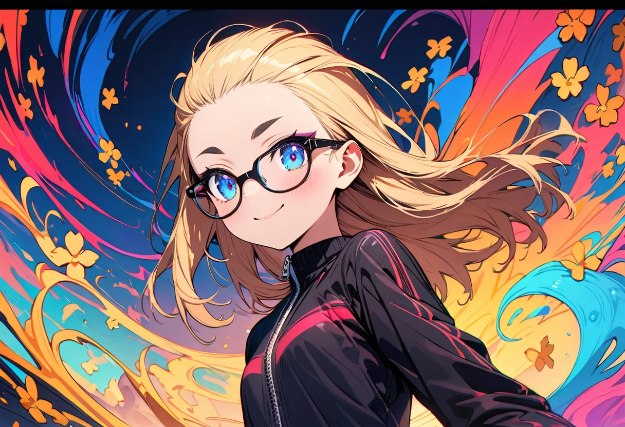 Speedy Shot,(Top quality masterpiece),detailed,ultra detailed,hyper detailed,insanely detailed,Exquisite,Beautiful Full HD,16k,cute,Fantasy,A vibrant academic community,Soft line design,Soft　Surface,Simple line drawing,The best light,Fast Shutter Speed,  depth of border described,Highly saturated colors,Vibrant colors,Vibrant colors,BREAK,
10yo,skinny,flat chested,(forehead,hair slicked back:1.3),Beautiful blonde hair,(blue eyes),(black nodoka glasses),thick bluish eyeshadow, thin eyebrows, thick black eyeliner, Highlighted eyes with eyeliner, false eyelashes,BREAK, 
Grin, zippered sportswear, Open Hands  , Falling leaves fluttering,   upper body、  Autumn Leaves Park Background