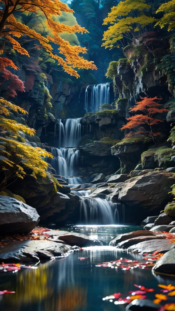  Gradient Waterfall 、 imaginary、Artistic、High image quality、最High image quality、Image with depth 、Pitch black night sky、Shining Star、Neon Blue Waterfall Water 、 Brilliant Light Up、 Fascinating Beauty 、Artistic風景、 using clear colors、 Illuminated Autumn Leaves 、 Autumn Leaves Emerging in the Dark、