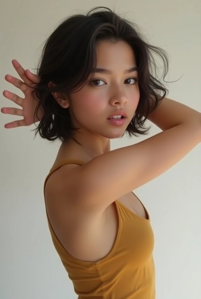 Girl with hands above head showing armpits、Girl spreads her legs to show her beautiful pussy、A look of contempt、((masterpiece、Highest quality、Super Fine、High resolution))、Take a full-body shot、1 person、((Brown Hair))、Brown eyes、Glare、Bob Hair、Bangs too、Patsun、Freckles on the face、Small breasts、B cup、Wear casual clothes、Thin lips