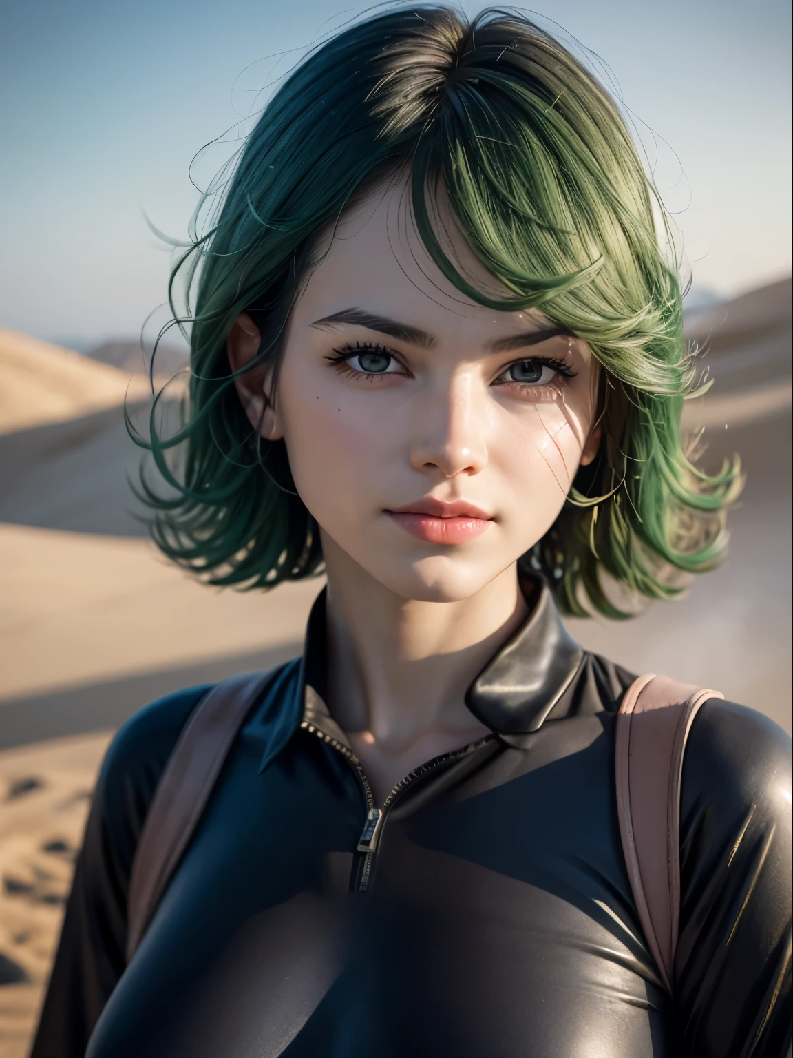(masterpiece, best quality:1.4), (full body), (standing:1.2), (dinamic pose:1.2), 1girl, solo, outside, on a desert with sand and dust, tatsumaki, (pelvic curtain:1.2), long sleeves, black dress, (green hair), short hair, medium breasts, beautifull smile, beautiful face, highly detailed face, highly detailed eyes, highly detailed skin, skin pores, subsurface scattering, realistic pupils, full face blush, full lips, depth of field, volumetric lighting, sharp focus, absurdres, realistic proportions, good anatomy, (realistic, hyperrealistic:1.4), 16k hdr