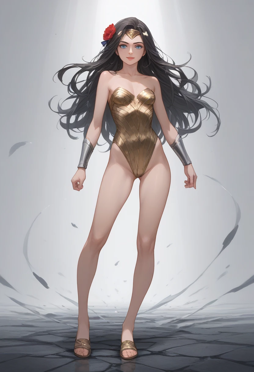 ((full body shot, standing, feet on the ground)) Wonder Woman, masterpiece, best quality, highly detailed, score_9, score_8_up, score_7_up, score_6_up, anime source,BREAK, 2girl, solo, unclothed, nude , long hair, blue eyes, flower, hair bow, small breasts, bow, looking at viewer, freckles, parted lips, smile, full body, red lips, lips, leather ballet slippers, side facing, She looks for you, your gauze hurts, fishnets, white background, neutral cast 
 