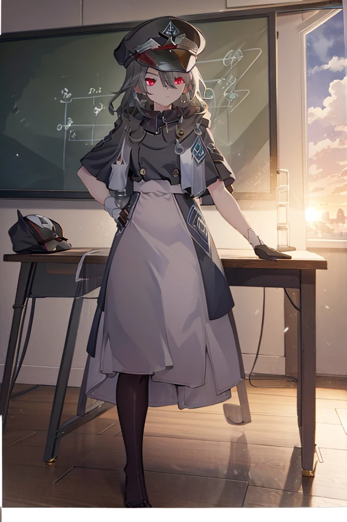 Official Art， precise and precise image quality，life,AG Atlas , 1girl, Alone, long hair, red eyes, gloves, hat, hair between eyes, very long hair, white hair, pantyhose, boots, black gloves, uniform, coat, black pantyhose, military,black headwear, military uniform,  capelet , peaked cap, military hat, black  capelet , small, small breasts, adult,Sit at a desk，‎Classroom，sunset，