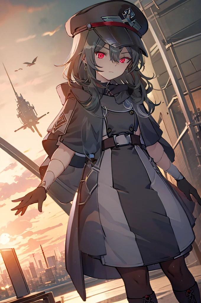 Official Art， precise and precise image quality，life,AG Atlas , 1girl, Alone, long hair, red eyes, gloves, hat, hair between eyes, very long hair, white hair, pantyhose, boots, black gloves, uniform, coat, black pantyhose, military,black headwear, military uniform,  capelet , peaked cap, military hat, black  capelet , small, small breasts, adult,Sit at a desk，‎Classroom，sunset，