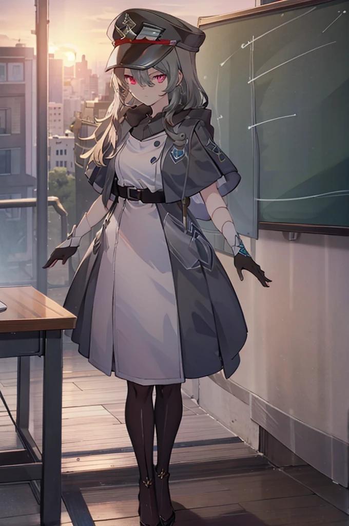 Official Art， precise and precise image quality，life,AG Atlas , 1girl, Alone, long hair, red eyes, gloves, hat, hair between eyes, very long hair, white hair, pantyhose, boots, black gloves, uniform, coat, black pantyhose, military,black headwear, military uniform,  capelet , peaked cap, military hat, black  capelet , small, small breasts, adult,Sit at a desk，‎Classroom，sunset，