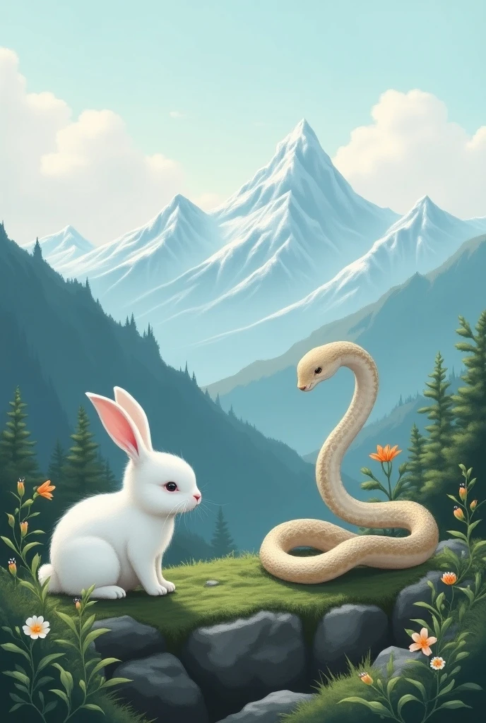 A white rabbit and aside a snake in a mountain. - SeaArt AI