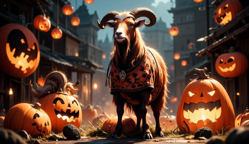  Create a goat wearing Halloween-themed underwear in a Halloween setting with a spooky house in the background and pumpkins with goat horns