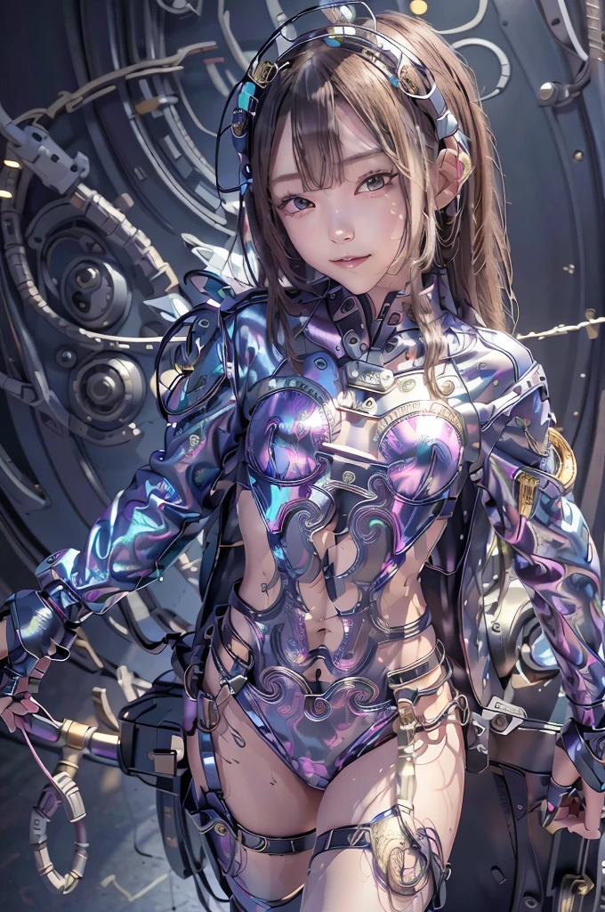 cyborg,  girl, 美しい girl, cute,  sexy, strong, slender, delicate, smile, (Costume),  high leg,  metallic , Ultra Color, Paisley,   headgear , Mandala,  Near future , heaven, Angel, Fater, wing,  helix lamp