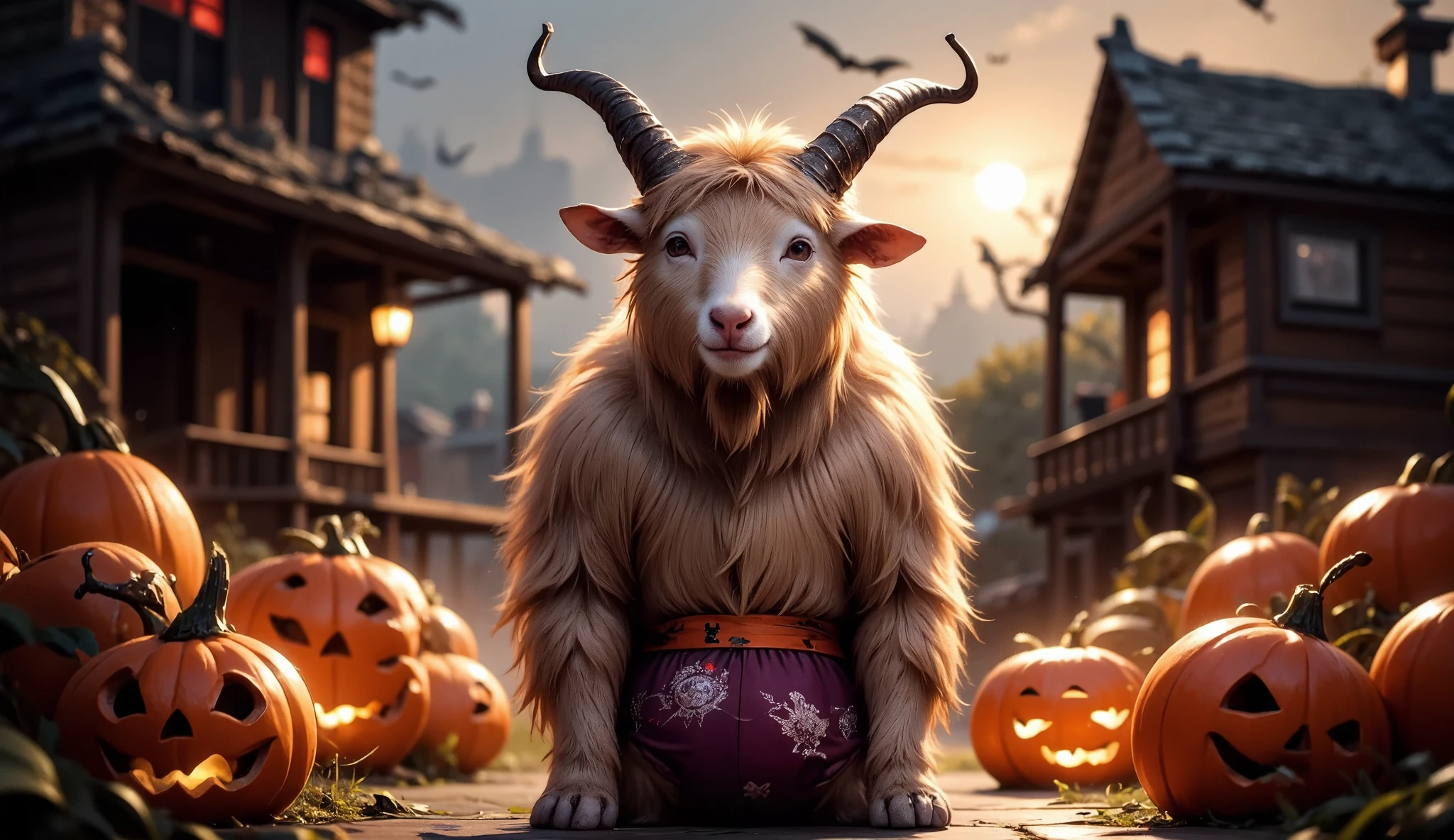  Create a goat wearing Halloween-themed underwear in a Halloween setting with a spooky house in the background and pumpkins with goat horns