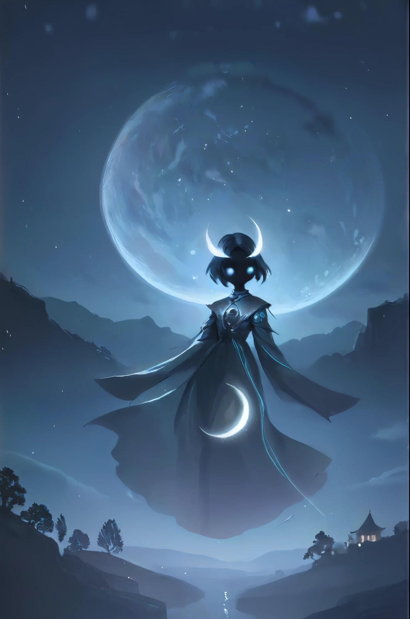 A luminous moon spirit, with silvery trails, hovering over a tranquil night landscape. 