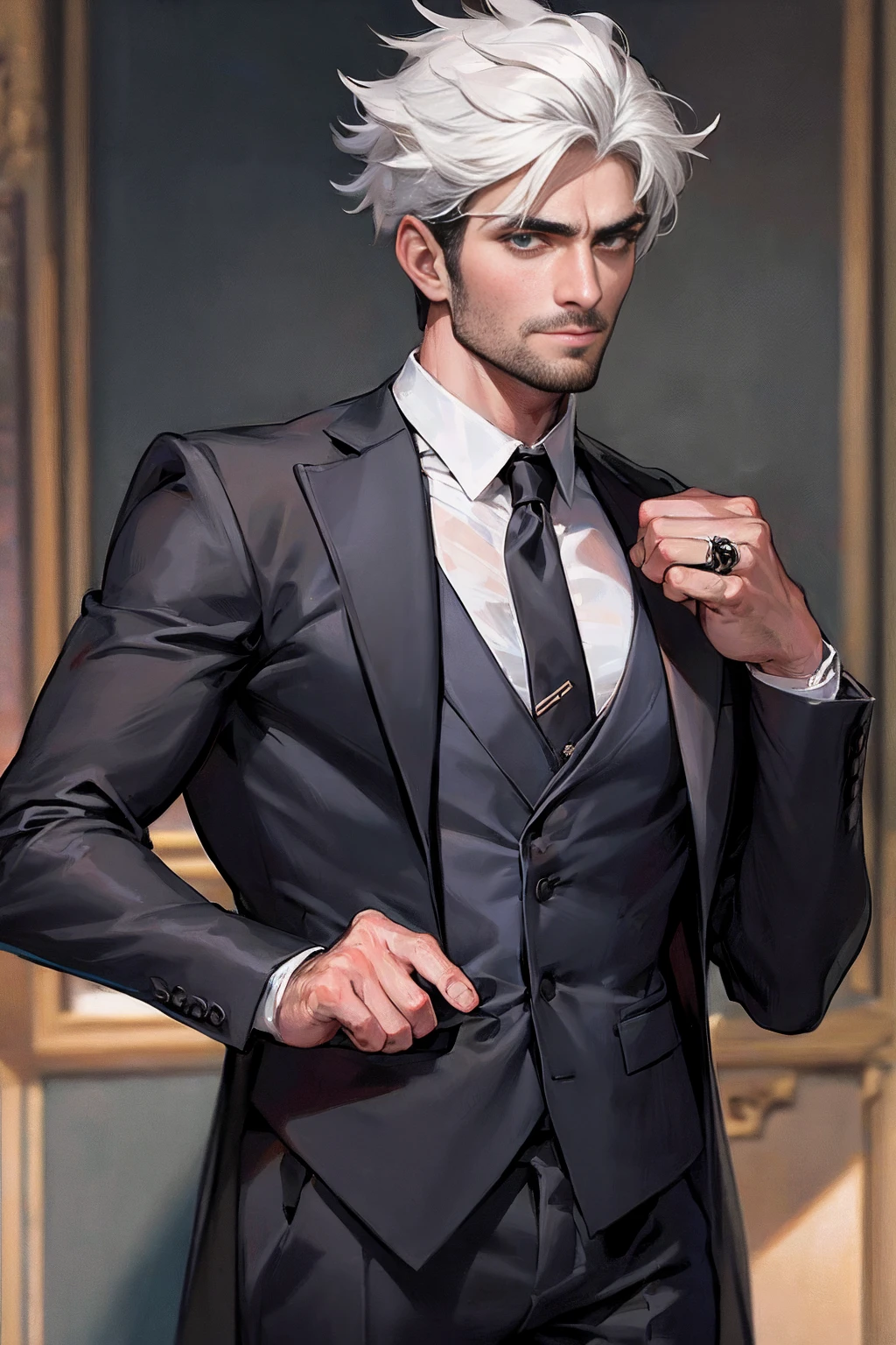 highly detailed painting, portrait, , poetic pastoral. short hair, small head tall Mature man, big beardfinger rings, wearing a suit and tie, wearing a suit and a tie, wearing suit and tie, wearing a shirt with a tie, wearing a business suit, wearing business suit, wearing black grey suit, wearing a stylish men's suit, wearing a suit, wearing a strict business suit, (8k, masterpiece, best quality, high resolution, Super detailed)Elegant！Stylish background！！high-definition, 8k, ！Muscular, chesthair, Furry chest muscles！shirtless,smirk, masterpiece, best quality, high resolution, detailed background,Strong body,Very,male, Rugged and handsome looking,Muscle tissue,Excessive muscles,chest muscles!Angry detailed background, frown, best quality, masterpiece,（Muscular ）,（white hair ）, Germany Male ！,,Portrait side view!,handsome male (detailed face:1.2),, ! tall！ (detailed face:1.2),, Handsome Elegant ,  suit and vest , sophisticated suit,  Stylish men's suit , Handsome and charming, Three piece set, Handsome male, wearing dark gray suit,  Epic and elegant portrait , Suit and tie , gray suit, Wearing a suit , strong masculine traits, Wear a suit