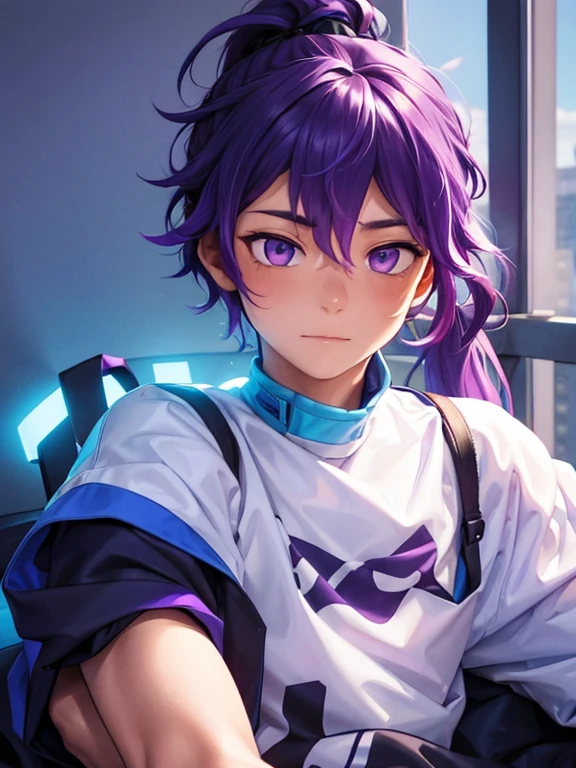 Boys love between a laid-back three-eyed young man with purple curls in a ponytail and a sexy, fair-eyed young man with light blue semi-long hair