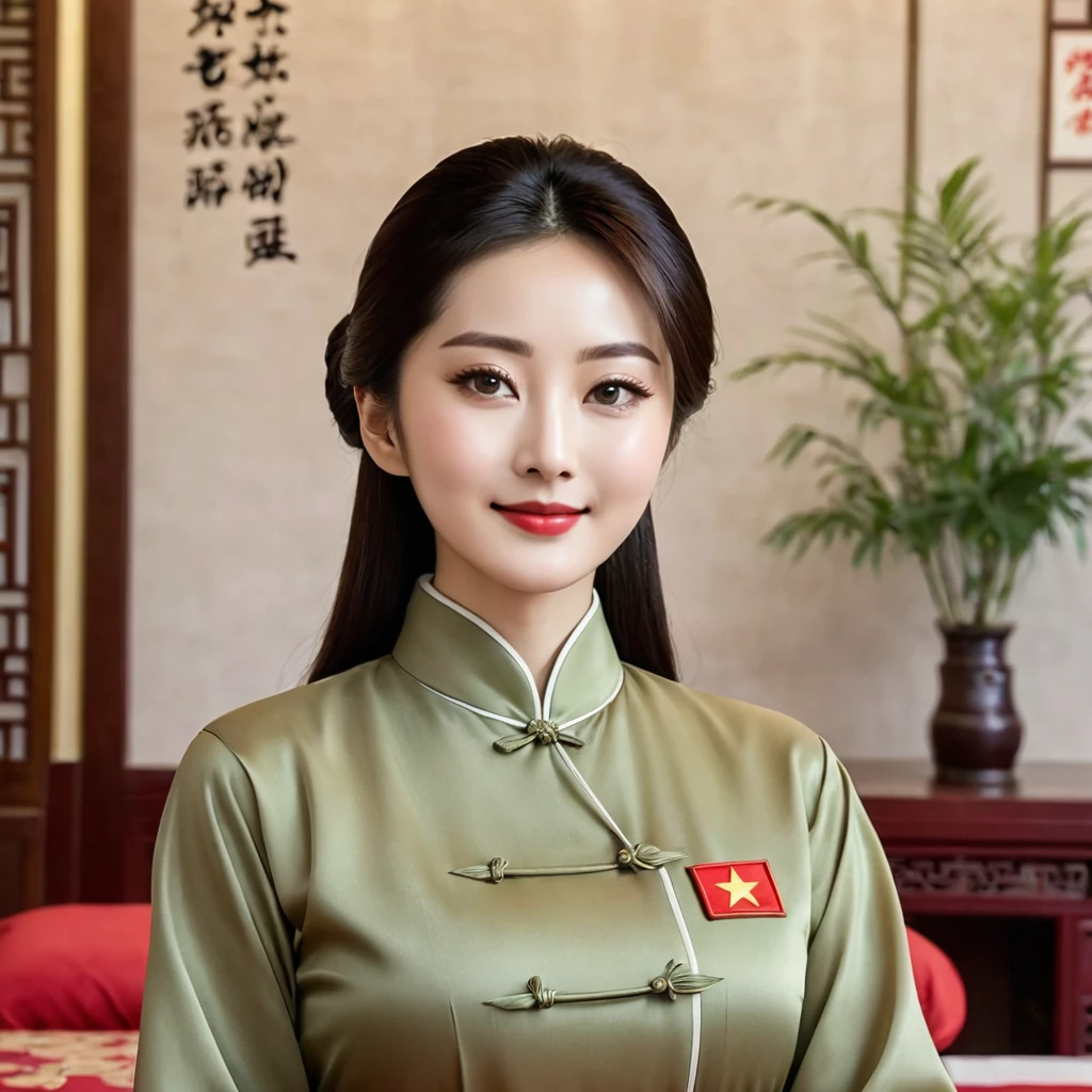 The woman is a beautiful Chinese Communist Party member Ishihara Satomi, wearing Chinese khaki people's clothes and standing side by side with other women as a member of the Chinese Communist Party、((Best Quality)), ((masterpiece)), ( Details), （ perfect face）,The woman is Ishihara Satomi, who has excellent proportions and big breasts, is finished as a Chinese Communist Party woman in her mansion in China, and her hair is tied beautifully like a Chinese Communist Party woman、The woman is smiling gently