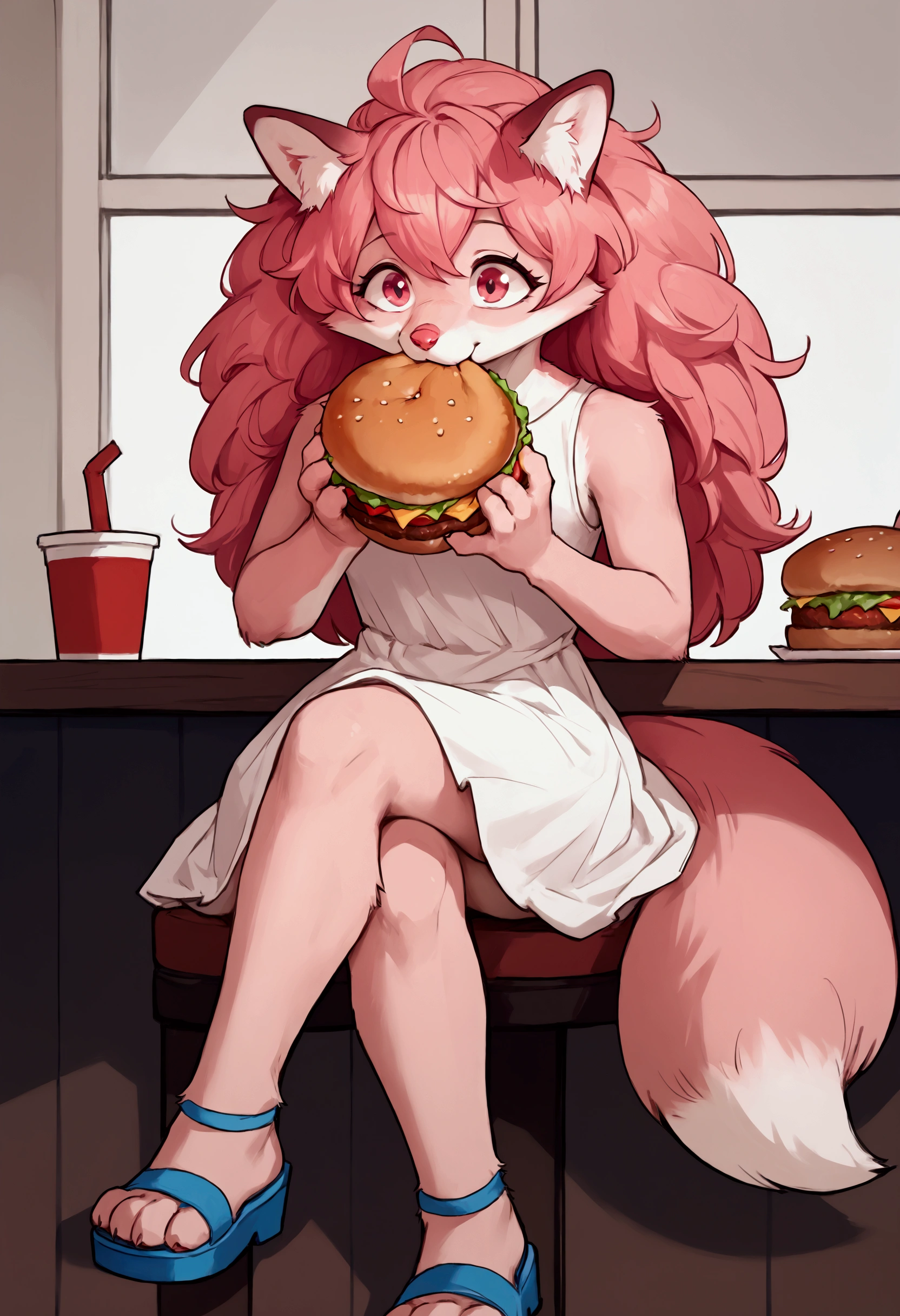 Solo, Score_9, score_8_up, solo, Anthro, furchan, pink furry body, pink hair, pink eyes, pink nose, animal ears, tail, tall and slender body, wearing white sleeveless dress, blue sandals, legs crossed, eating a big burger, a bit taken out of burger, sitting in a restaurant table, front view, really happy, sparking eyes, wagging tail,