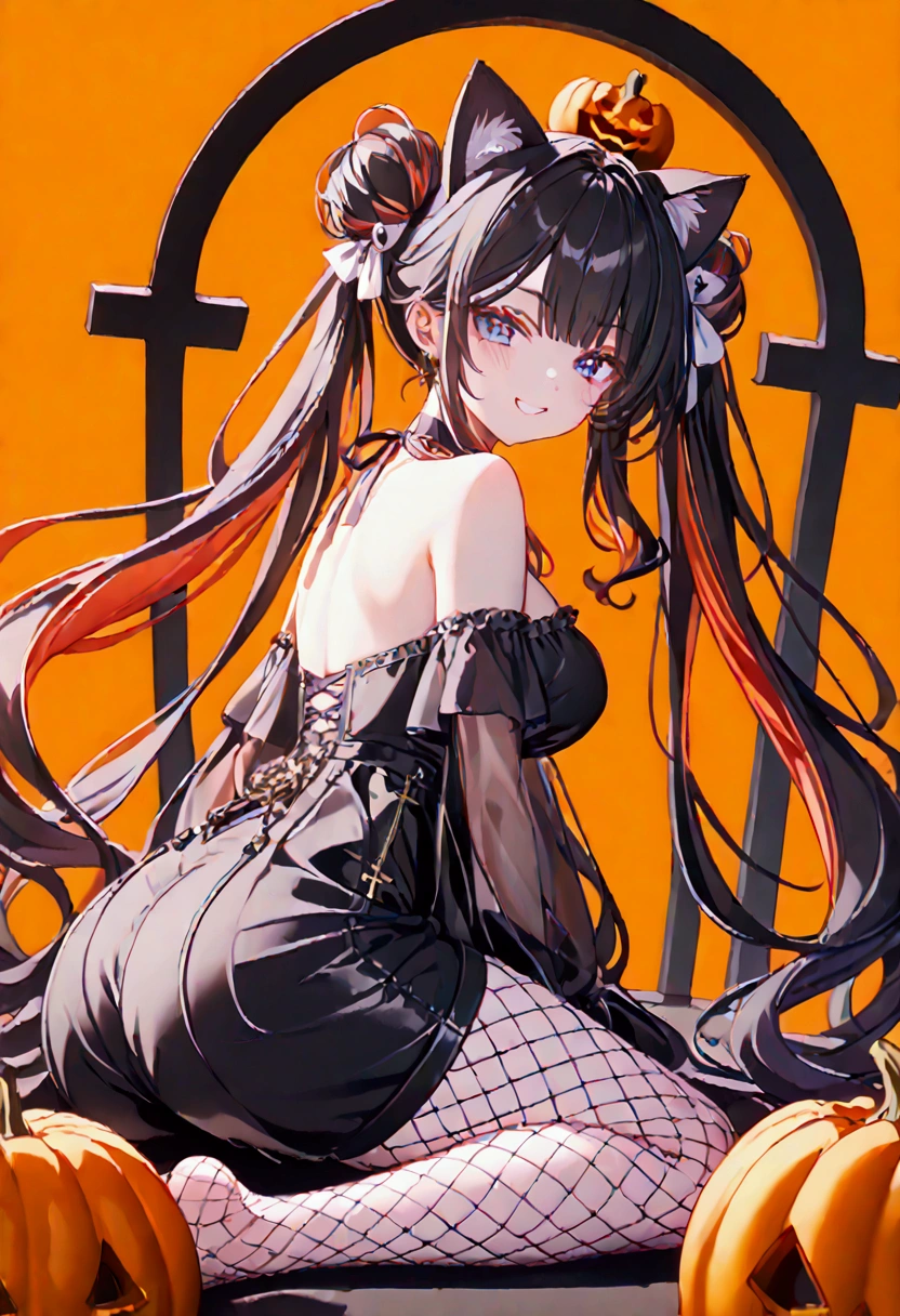 1woman, (20 years old, Tall), black hair, streaked hair, colored inner hair, twin tails, very long hair, heart hair bun, mole under eye, pupils sparkling, cat ears, grin, big breast, (big ass), Slender, long legs:1.2, (UHD:1.2, masterpiece:1.3, textured skin:1.3, best quality:1.3,  highres :1.3, accurate, anatomically correct, super detail:1.3), I'm wearing a long-sleeved oversized see-through Halloween costume and black denim-shorts with fur, sexy fishnet tights , Halloween Hats,  Halloween props , Sitting on a big pumpkin:1.5, sitting on big-jack o lantern, head hollowed out, Butt stuck , (cross-legged:1.5), whole body, Shadow of light ,  expressive eyes,  grave and jack-o-lantern on the left and right :1.1, black castle silhouette:1.2, dusk, Orange Background, Illustrated, looking straight into the camera:1.2