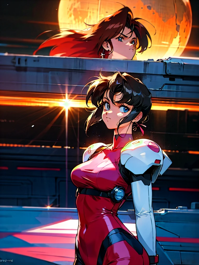 "Kenichi Sonoda", "Bubblegum Crisis", retro art style, Sci-fi, Cyberpunk, Neon, Dystopia, (On a full moon night, on the rooftop of a high-rise building, a figure is seen wearing a metal hard suit that covers the whole body from head to toe. It is made up of curved surfaces that give it a feminine bodyline.), 1girl, solo, 18yo, Cool beauty, Unparalleled beauty, fearless look, smile, ((fighting stance, attack, punching at viewer)), moving line, motion blur,close-up photography of upper body, character focus, perfect anatomy, ideal facial features, beautiful detailed face, ideally proportioned figure, perfectly beautiful body, masterpiece, anime cg, official art, work of art, Award-winning work, extreme quality, ultra high definition, all intricate, overall detailed, finely detailed, super detailed, Unique perspective, very aesthetic, boast pompously, Depth of field, focus on entire screen, asymmetrical, raytraced, caustics, textile shading, incredibly absurd resolution, absolutely resolution, ultra high resolution, professional, vivid colors,
