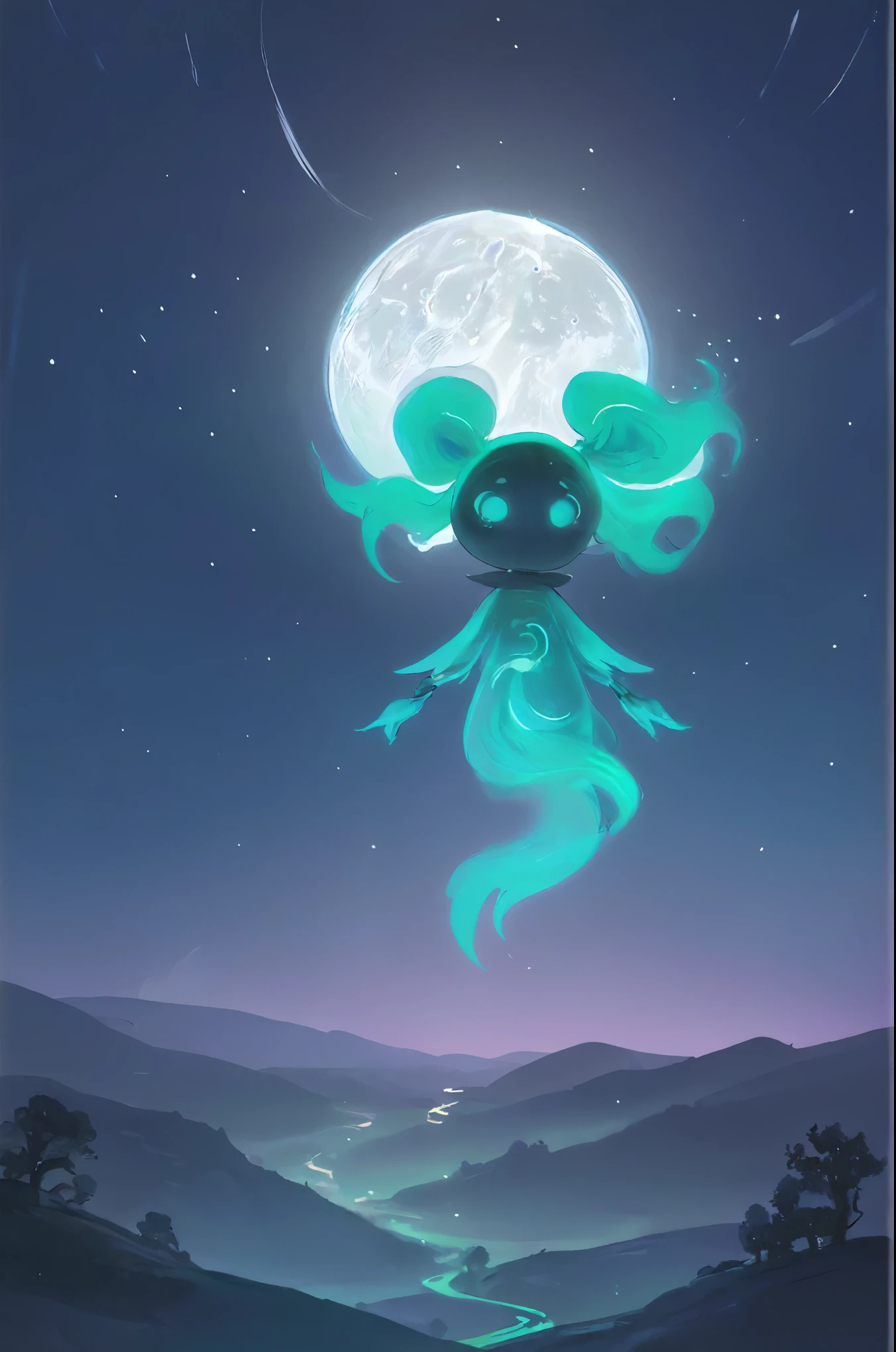 A small luminous moon spirit, with silvery trails, hovering over a tranquil night landscape. 