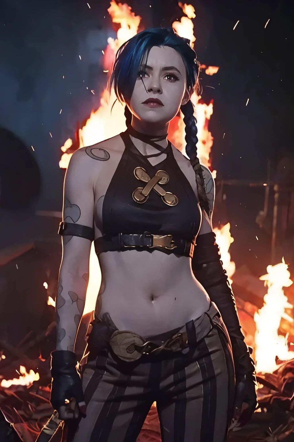 Jinx. Jinx costume, belly tattoo, twin long braids . Best quality, detailed, intricate, 4K. ((Cinematic flames and explosion Background)). 