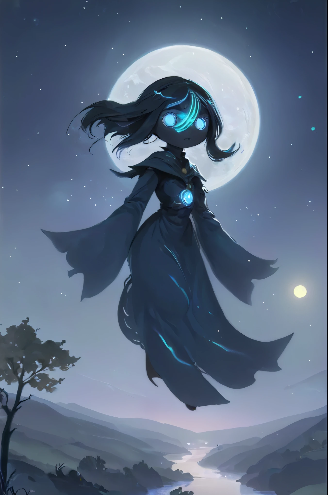 A small luminous moon spirit, with silvery trails, hovering over a tranquil night landscape. 