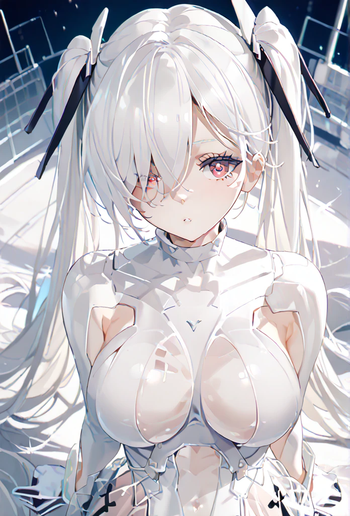 anachirox, twintails, very long hair, white hair, hair over one eye, red eye 、white bodysuit, see-through skirt, white gloves, white footwear、ringed eyes、 medium close up, looking at viewers, eyelashes, staring, planetarium,