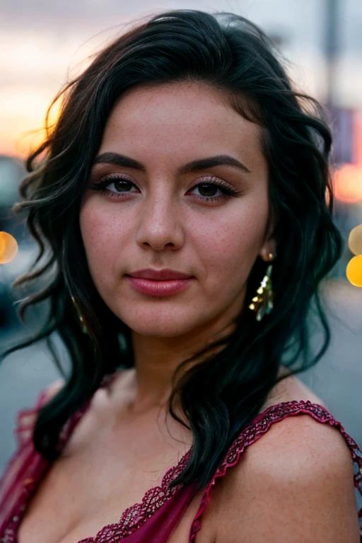 Close-up photo of a girl's face in a colorful dress, black hair, city street at sunset, bokeh