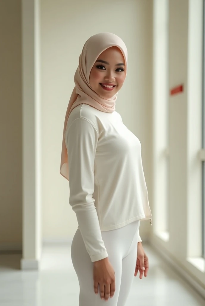 RAW, Best quality, high resolution, masterpiece: 1.8), beautiful Malay woman in hijab, Masterpiece, big gorgeous eyes, Soft smile, wear tight light white long sleeve shirt and  light white tight legging,in changing room, Excellent lighting, Bright colors, Clean lines