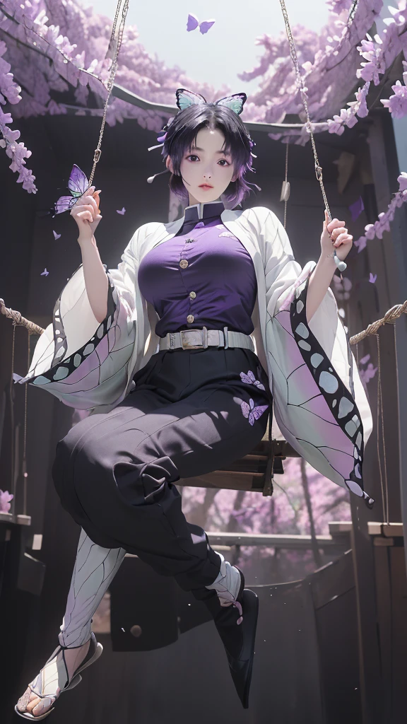 (（（figure，御姐figure,White and tender skin,（（（haori, wide sleeves, long sleeves, black pants, black jacket, belt，）））,,(（（kochou shinobu, butterfly hair ornament, purple eyes, multicolored hair, short hair, parted bangs, ））)，((masterpiece)), highres ,((Best quality at best)),masterpiece,quality,Best quality,(（（  to the audience,）））,Huge breasts,苗条figure,（（（A girl,Swinging on the swing ））),）））