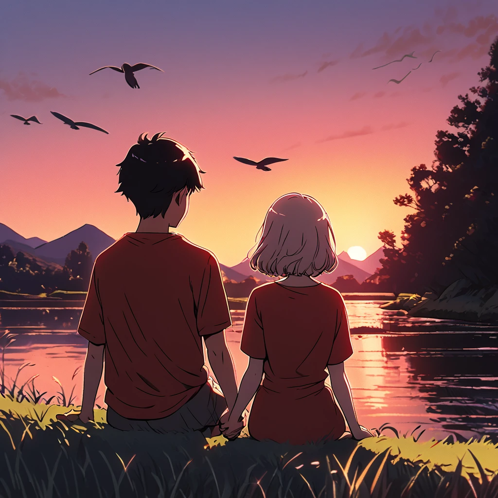 Master's work, best picture quality, higher quality, high details, ultra-high resolution, 8k resolution, high contrast, front view, Miyazaki style, smile, small river, mountain, flying bird, sunset, sunset, ((couple)), boy and a girl (holding hands), sitting on the grass, girls with shoulder length hair, wearing red T-shirts, boys with short hair, wearing white T-shirts, girls looking into the distance, boys looking at girls, happy smile, distant view, sunset background,
﻿