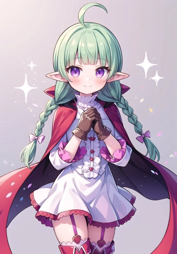 1girl, solo, masterpiece, best quality, perfect hands, smile, blush, closed mouth, nah_fea, ahoge, green hair, pointy ears, purple eyes, thighhighs, thigh boots, garter straps, red cape, brown gloves, twin braids, cape, flat chest