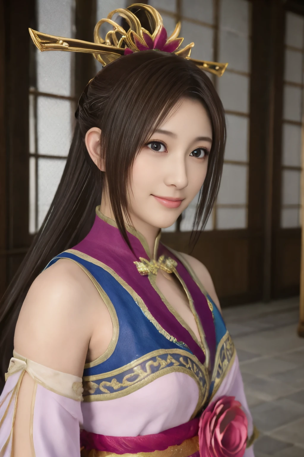 Three Kingdoms without two 8 mink ,masterpiece、 1 cute girl 、 high school studerming Eyes 、puffy eyes、Bright outside, Street of the Three Kingdoms Period of Medieval China、Best Quality, 超 high resolution, (Reality: 1.4), Movie Lighting、Japanese、asian beauty、[Korean language、Super beautiful、beautiful skin、Holding a dancing fan ,Another hand-held hibiscus dancing 、Half-length portrait, upper body、(超Reality的な)、( high resolution)、(【8k)、( Very Fine )、(美しく Charming Eyes )、( Super Detailed )、 ([blue wall)、 Detailed Face 、 bright light 、Professional lighting、looking at the audience、look straight ahead、Side bangs、brown hair、Nogizaka Idol、Excellent dance skills,(((Dancing in )))