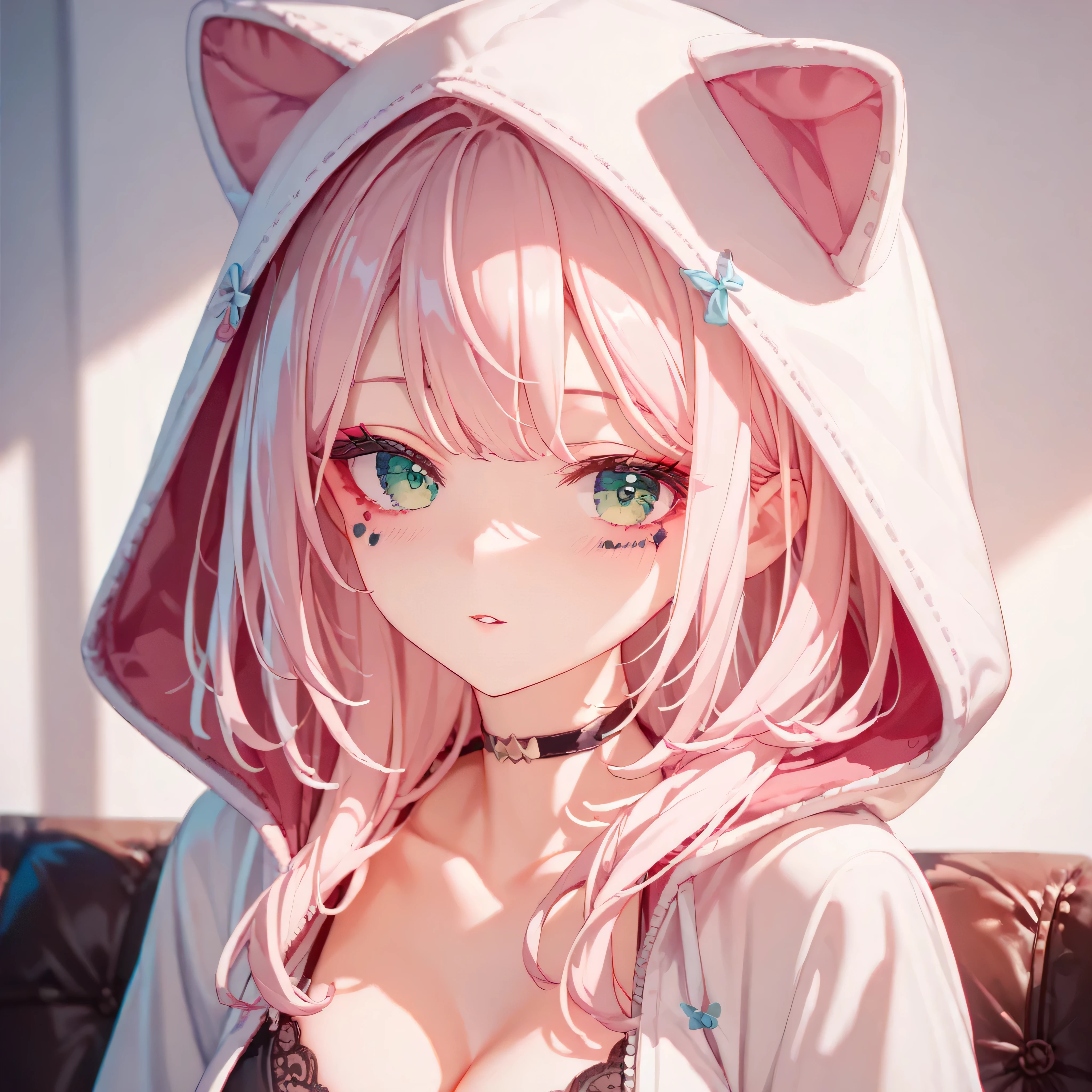 luzao\(EOE\),one girl,solo,(masterpiece, best quality:1.2), 1 Girl, Solitary, Skin details, Beautiful facial features, Exquisite makeup, green eyes,Exquisite eyes, Eye details,hood,cat hood,pearl pink hair