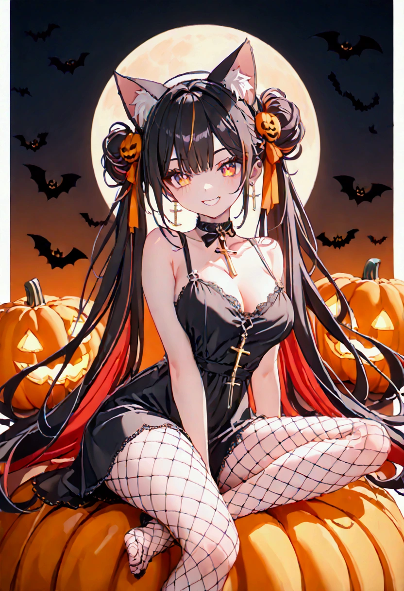 1woman, (20 years old, Tall), black hair, streaked hair, colored inner hair, twin tails, very long hair, heart hair bun, mole under eye, pupils sparkling, cat ears, grin, big breast, (big ass), Slender, long legs:1.2, (UHD:1.2, masterpiece:1.3, textured skin:1.3, best quality:1.3,  highres :1.3, accurate:1.1, anatomically correct, super detail:1.3), I'm wearing a long-sleeved oversized see-through Halloween costume and black denim-shorts with fur:1.3, sexy fishnet tights , Halloween Hats,  Halloween props , Sitting on a big pumpkin:1.5, sitting on big-jack o lantern, head hollowed out, Butt stuck , (cross-legged:1.5), whole body, Shadow of light ,  expressive eyes,  grave and jack-o-lantern on the left and right :1.1, black castle silhouette:1.2, dusk, Orange Background, full moon, Bats with glowing eyes, Illustrated, looking straight into the camera:1.2