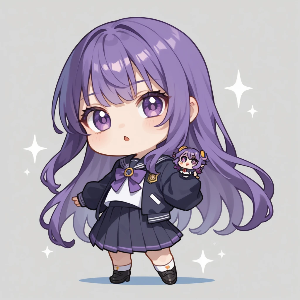 masterpiece, best quality, highly detailed, nozochibi, 1girl, (chibi:1.4), Long hair with bangs , Purple hair color , Purple eye color ,Wearing a black and white long-sleeved school uniform ,simple background, full body,