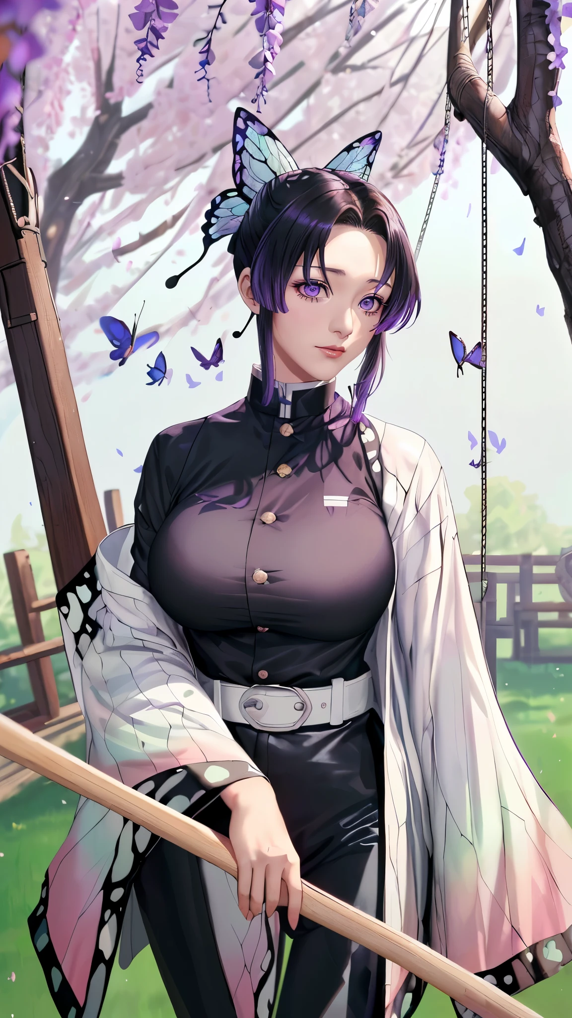 (（（figure，御姐figure,White and tender skin,（（（haori, wide sleeves, long sleeves, black pants, black jacket, belt，）））,,(（（kochou shinobu, butterfly hair ornament, purple eyes, multicolored hair, short hair, parted bangs, ））)，((masterpiece)), highres ,((Best quality at best)),masterpiece,quality,Best quality,(（（  to the audience,）））,Huge breasts,苗条figure,（（（A girl,Swinging on the swing ））),）））