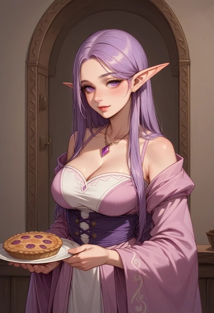  Best quality, masterpiece,  1girl,  hair white with a slight pink tint , race elf ,  tops of the ears ,  in a pink-purple caterpillar ,  with a beautiful chest ,  skin has a greenish tint ,  stands in pink robes because of the shape of the skin Pies.