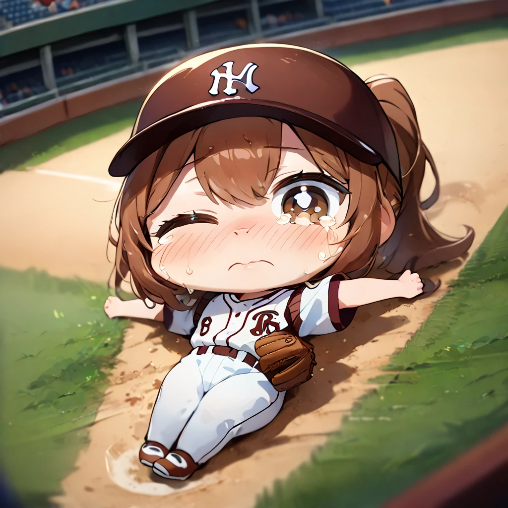 (masterpiece, best quality, hyper detailed:1.4), cute, motion blur,
1 girl, chibi anime, slender, fair skin, medium brown hair, ponytail, big droopy eyes, brown eyes,
baseball uniform, a baseball, a baseball glove, one eye closed, open arms,
baseball stadium, (lying on back), (crying:1.3), (nose blush:1.3), from above,