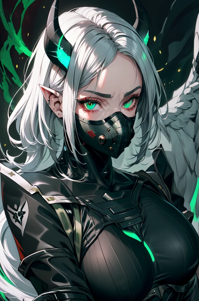 portrait, oppai proportions, large breast, masterpiece, best quality, white hair, pointy ears, white horns, valorantViper, bloody red leather and metal bodysuit, respirator, mask, looking at viewer, face, portrait, close-up, glowing eyes, green smoke, black background